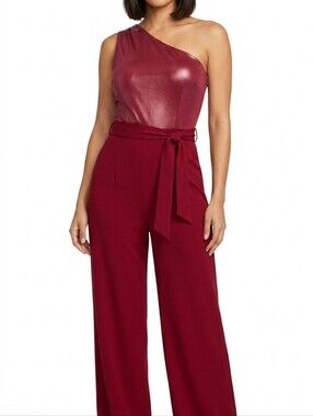 New York & Co Red Burgundy Jumpsuit One Shoulder Belted Faux Leather NWT XL